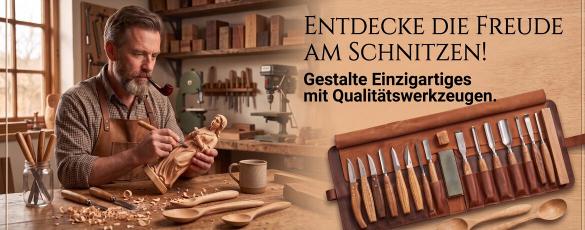 Ein Mann schnitzt in seiner Werkstatt an einer Figur. Rechts ist ein Holzschnitzer-Werkzeug-Set zu sehen. Überschrift: Entdecke die Freude am Schnitzen. Gestalte Einzigartiges mir Qualitätswerkzeugen.