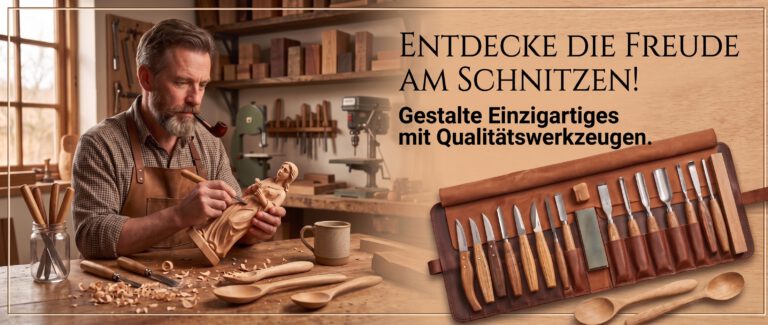 Ein Mann schnitzt in seiner Werkstatt an einer Figur. Rechts ist ein Holzschnitzer-Werkzeug-Set zu sehen. Überschrift: Entdecke die Freude am Schnitzen. Gestalte Einzigartiges mir Qualitätswerkzeugen.