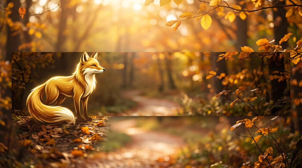 Ein Goldfuchs sitzt im herbstlichen Wald.